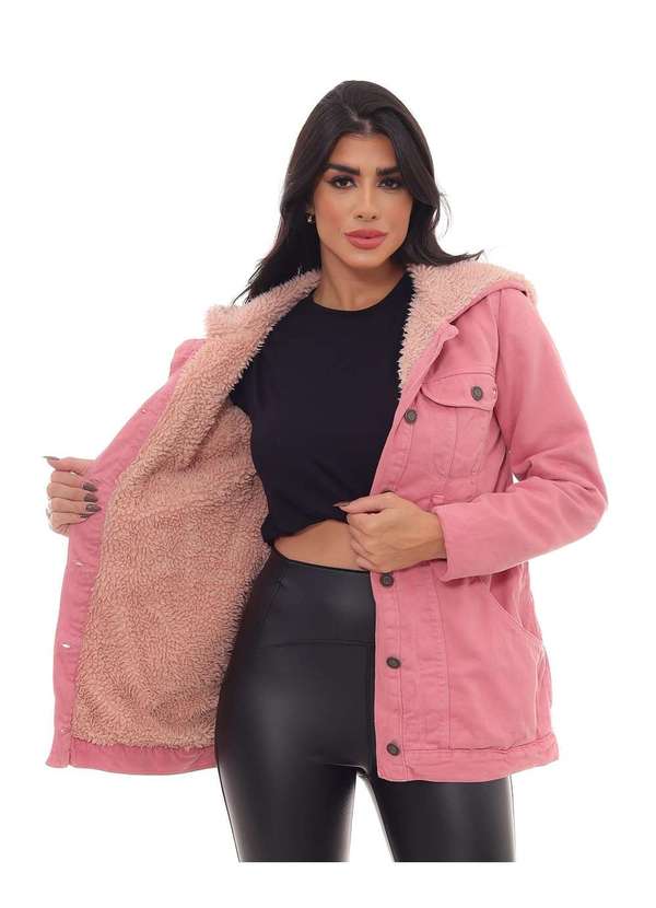 Consciência - Parka de Sarja Feminina Forrada com Capuz Rosa 3