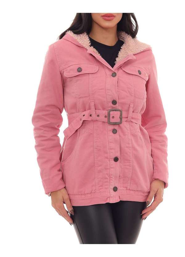 Consciência - Parka de Sarja Feminina Forrada com Capuz Rosa 4