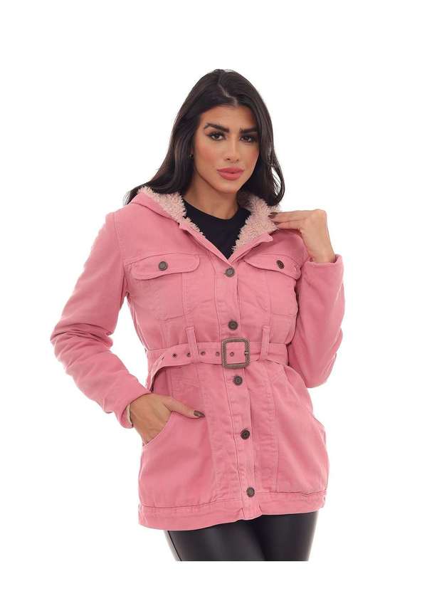 Consciência - Parka de Sarja Feminina Forrada com Capuz Rosa 5