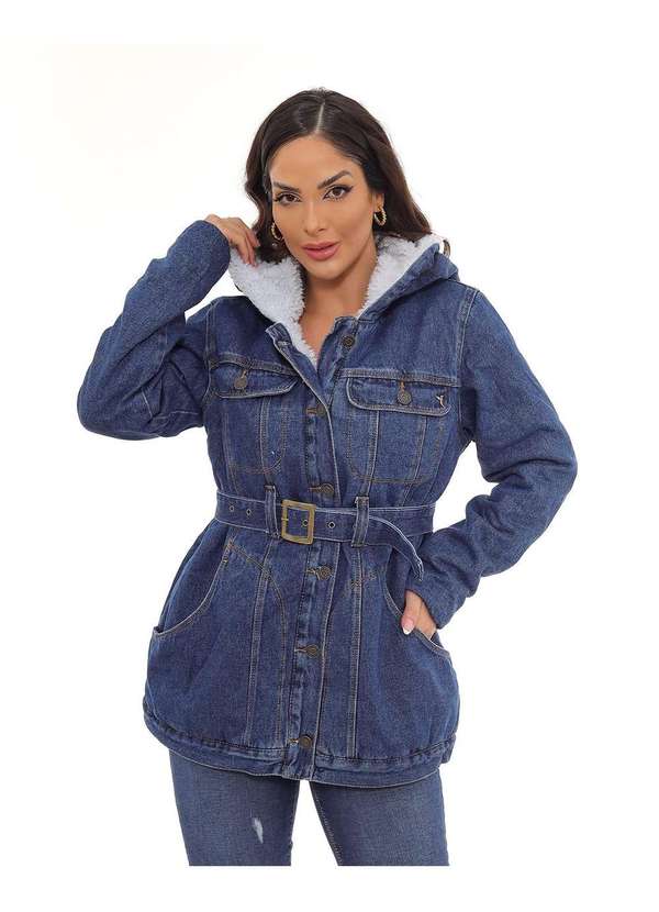 Parka Jeans Feminina Forrada com Capuz Azul Consciencia Jeans