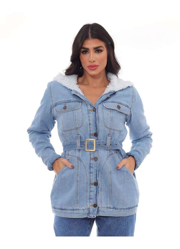 Consciência - Parka Jeans Feminina Forrada com Capuz Azul