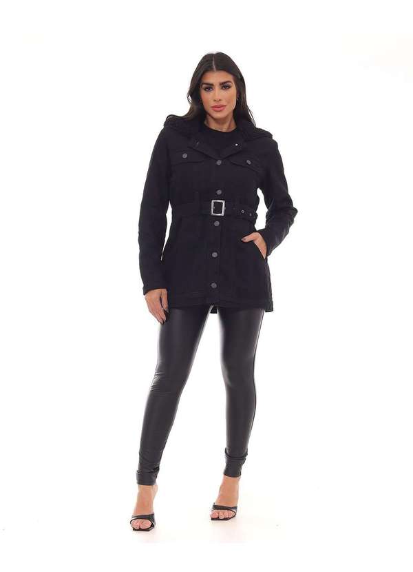 Consciência - Parka Sarja Preta Feminina Forrada com Capuz Preto