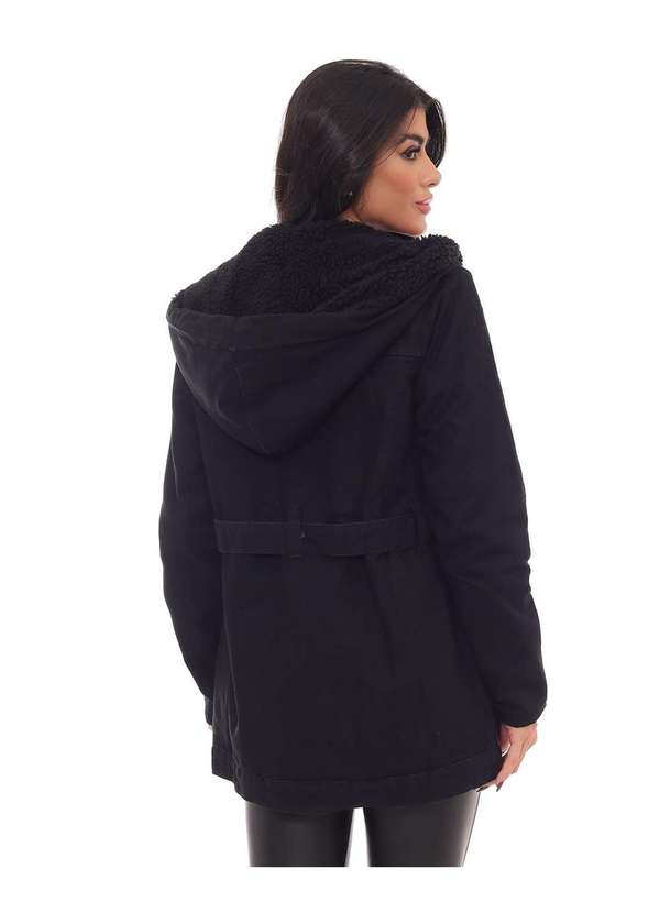 Consciência - Parka Sarja Preta Feminina Forrada com Capuz Preto 2