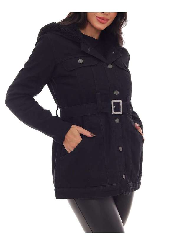 Consciência - Parka Sarja Preta Feminina Forrada com Capuz Preto 4