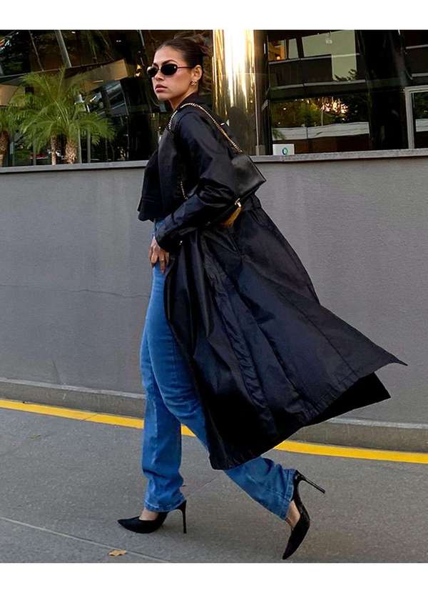 Consciência - Trench Coat Material Sintetico Resinado Feminino Preto 2