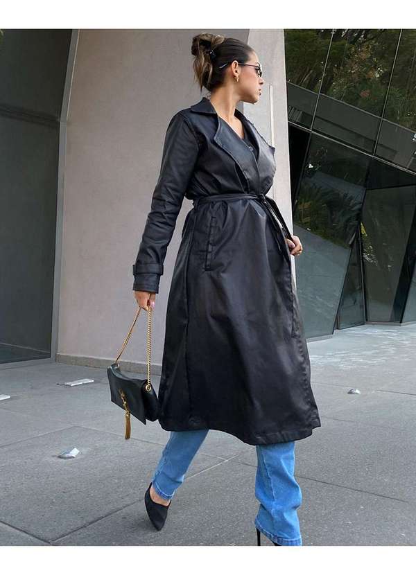 Consciência - Trench Coat Material Sintetico Resinado Feminino Preto 4