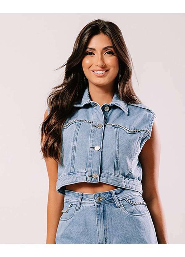 Consciência - Colete Jeans Cropped Feminino Recorte Frontal com Aplicacao Azul
