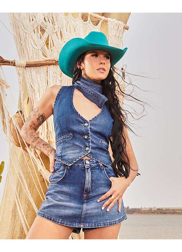 Consciência - Colete Jeans Feminino com Bolso Embutido Ana Castela Azul 2