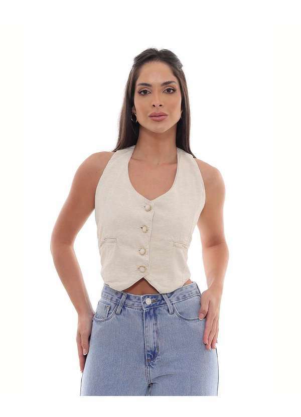 Consciência - Colete Linho Feminino Alfaiataria com Botoes e Bolso Frontal Bege