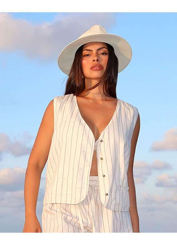 Consciência - Colete Linho Feminino Alfaiataria Listrado Branco
