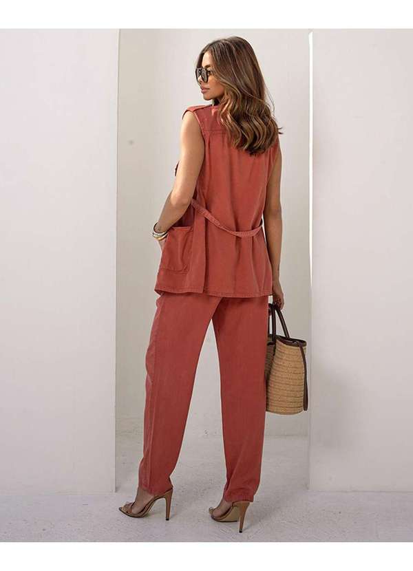 Consciência - Colete Sarja Feminino Alongado com Cinto Vermelho 4