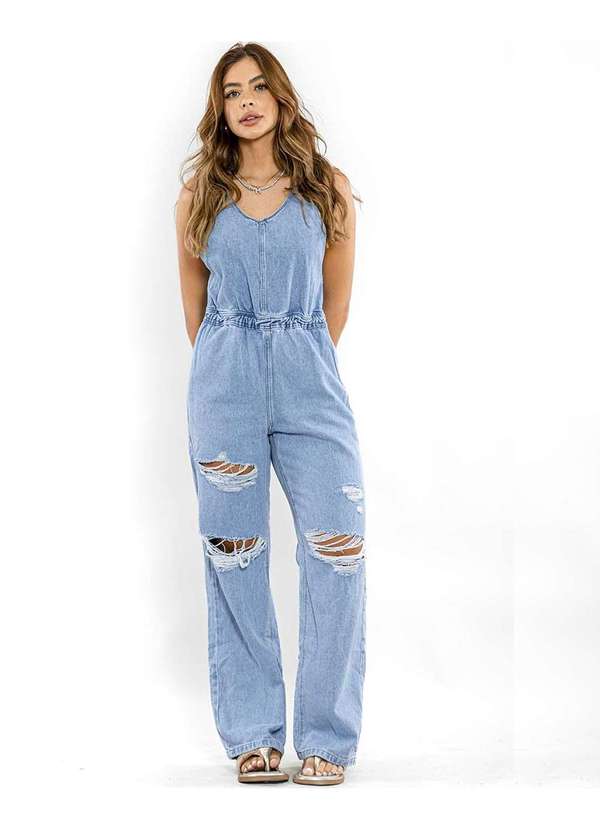 Consciência - Macacao Feminino Jeans Wide Leg com Rasgos 22508 Azul