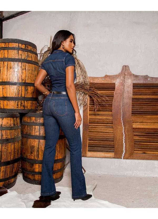 Consciência - Macacao Jeans Feminino Flare Ziper Frontal Azul 2