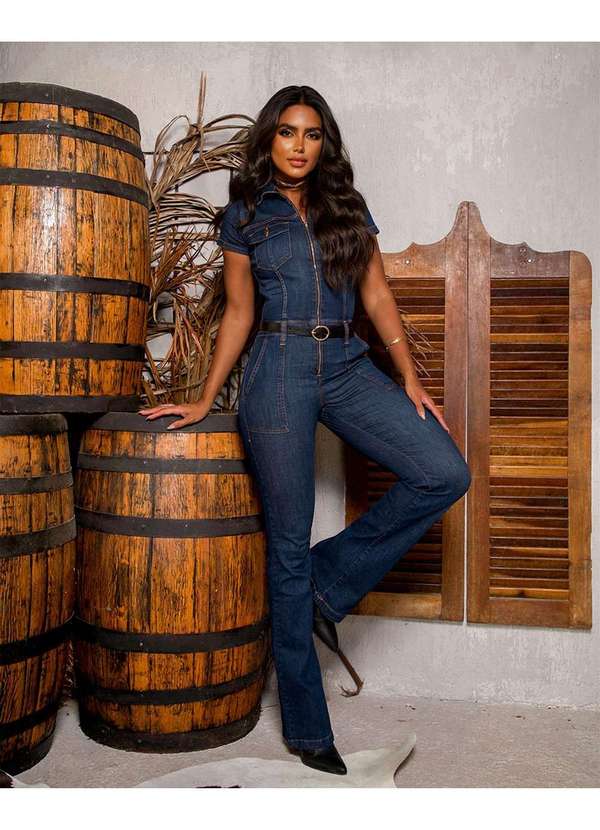 Consciência - Macacao Jeans Feminino Flare Ziper Frontal Azul 4