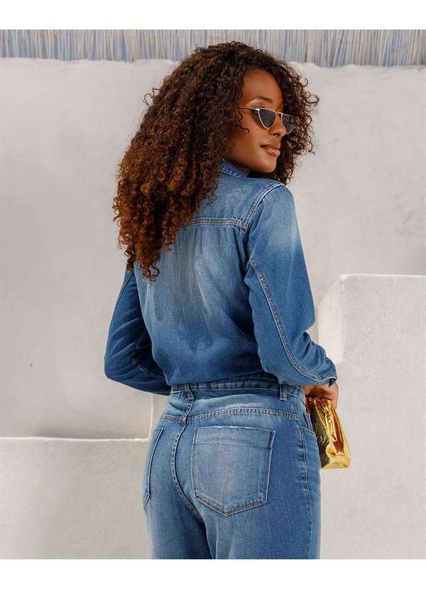 Consciência - Macacao Jeans Oversized Feminino Manga Longa Azul 2