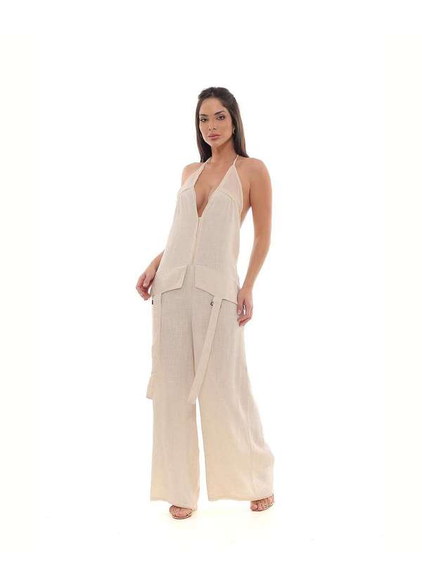 Consciência - Macacao Linho Feminino Detalhe Fivela Bege