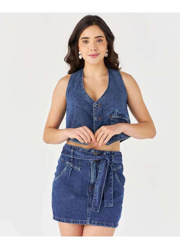 Consciência - Mini Saia Jeans Cintura Media Botao Duplo com Cinto Azul