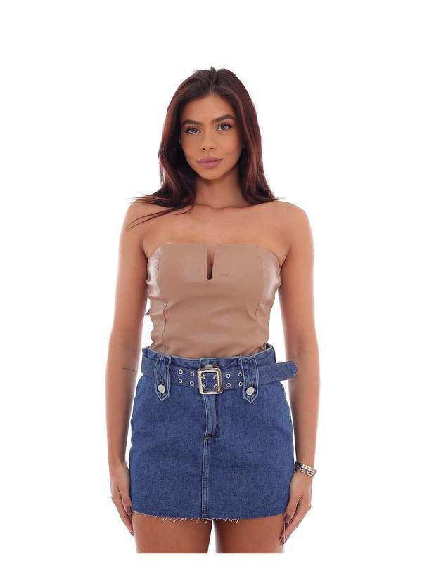 Consciência - Mini Saia Jeans com Passantes Largos Caseado e Cinto Revestido Azul