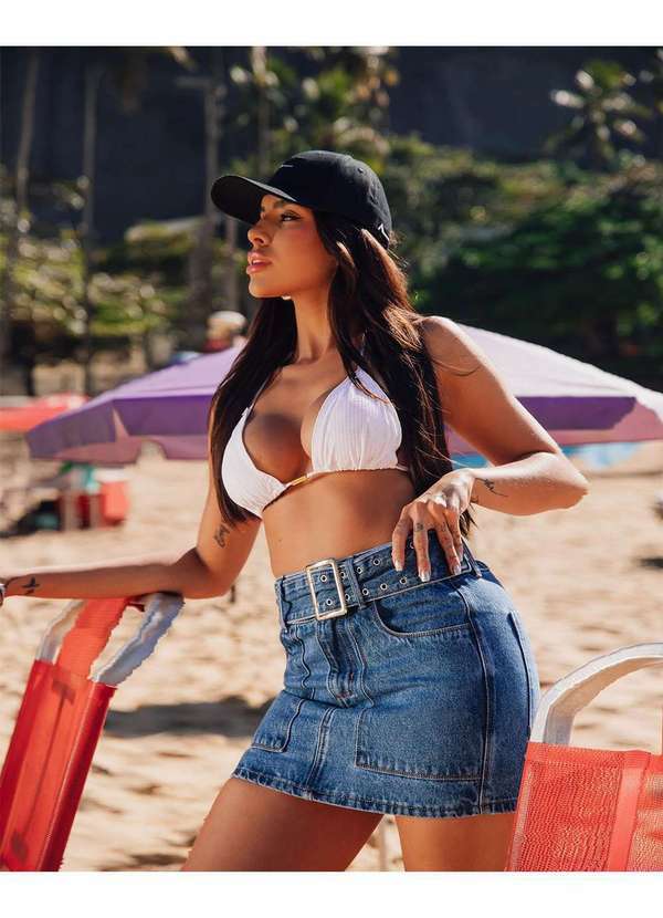 Consciência - Mini Saia Jeans Feminina Cintura Alta com Cinto Azul