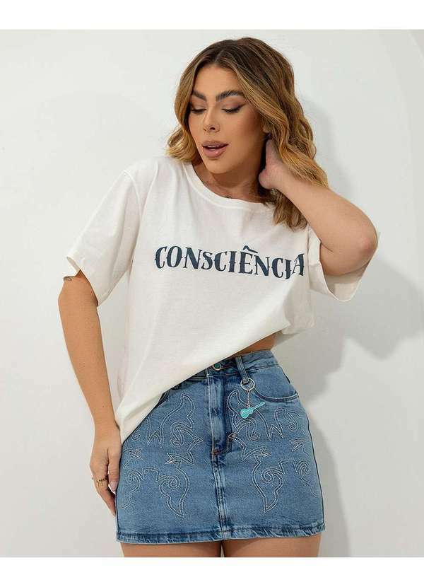 Consciência - Mini Saia Jeans Feminina Cintura Media com Bordado Ana Castela Azul