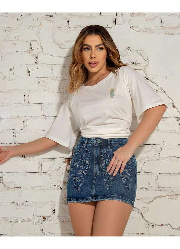 Consciência - Mini Saia Jeans Feminina Cintura Media com Bordado Ana Castela Azul