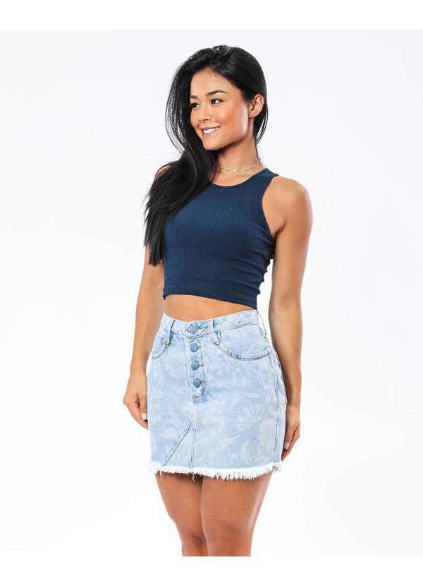 Consciência - Mini Saia Jeans Feminina Clara Estampada com Botoes Revestidos Azul