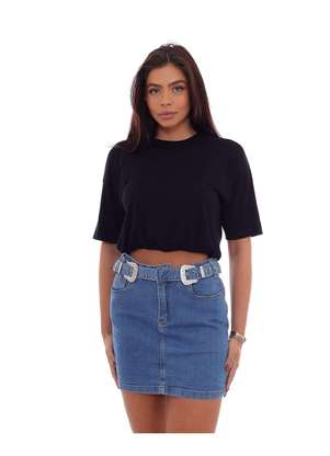 Mini Saia Jeans Feminina com Cinto Embutido e Fivela Azul