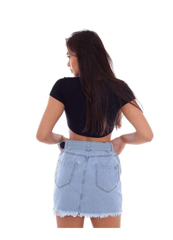 Consciência Mini Saia Jeans Feminina com Cinto Revestido e Barra Desfiada  Azul