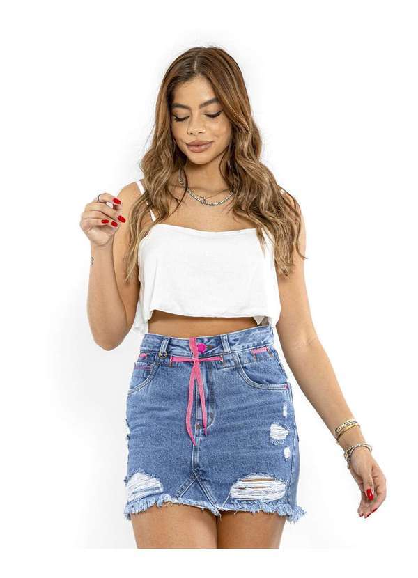Consciência Mini Saia Jeans Feminina com Cordao no Cos e Barra Desfiada  Azul