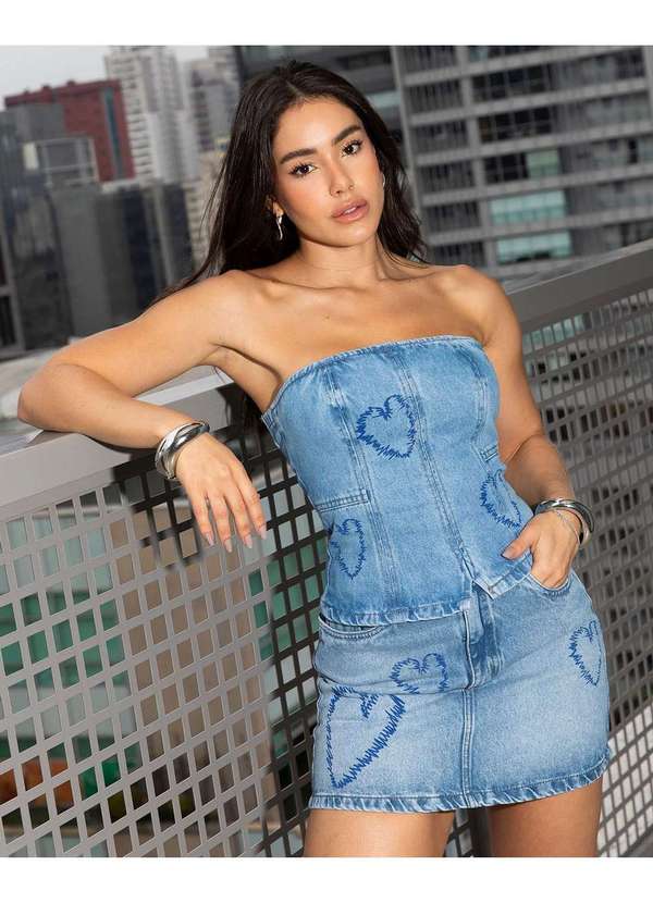 Consciência - Mini Saia Jeans Feminina com Silk Coracao Azul