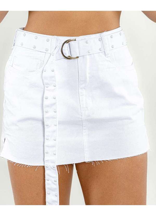 Consciência - Mini Saia Sarja Feminina com Cinto e Aplicacao na Barra Branco 4