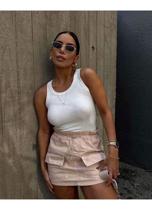 Consciência - Mini Saia Sarja Parachute Cargo Cintura Media Bolsos Bege