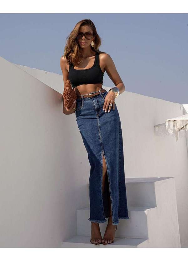 Saia Jeans Longa Feminina Cintura Alta Abertura Frontal Azul