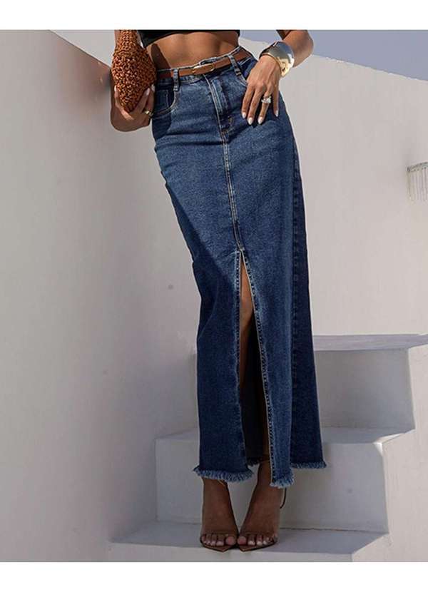 Consciência - Saia Jeans Longa Feminina Cintura Alta Abertura Frontal Azul 3