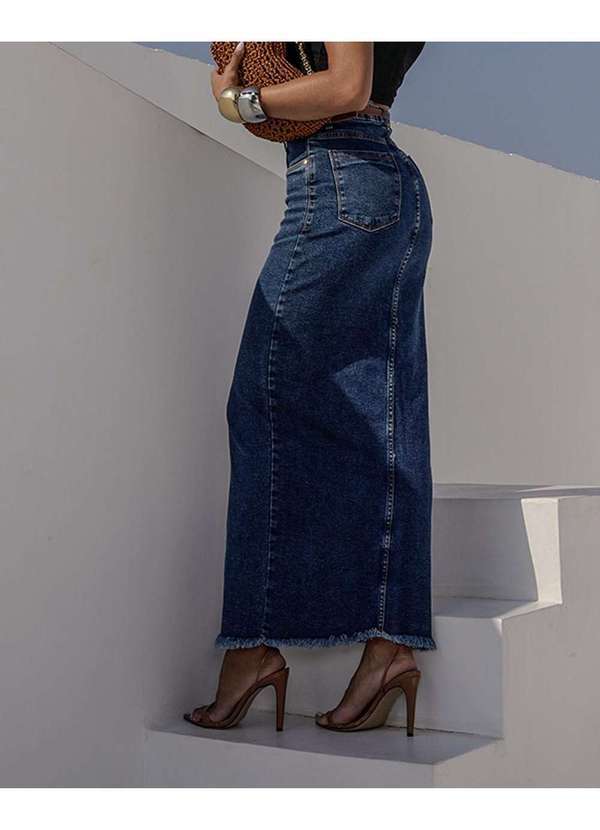 Consciência - Saia Jeans Longa Feminina Cintura Alta Abertura Frontal Azul 4