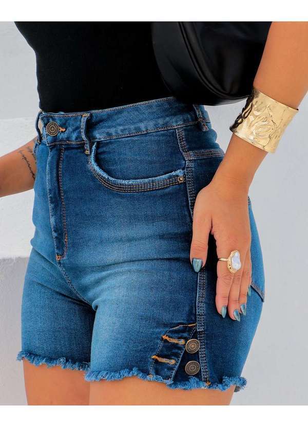 Consciência - Bermuda Jeans Feminina Cintura Alta com Botoes na Lateral Azul 3