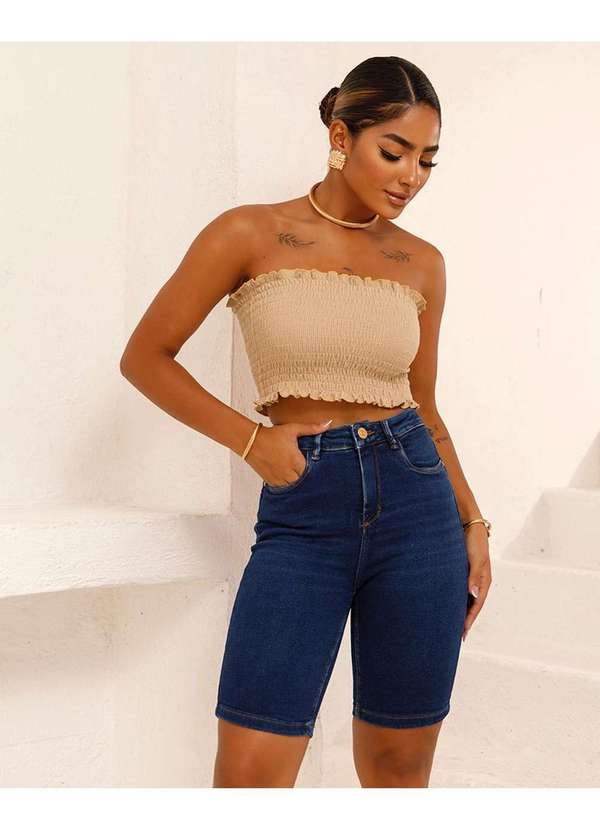 Consciência - Bermuda Jeans Feminina Meia Coxa Cintura Alta Azul
