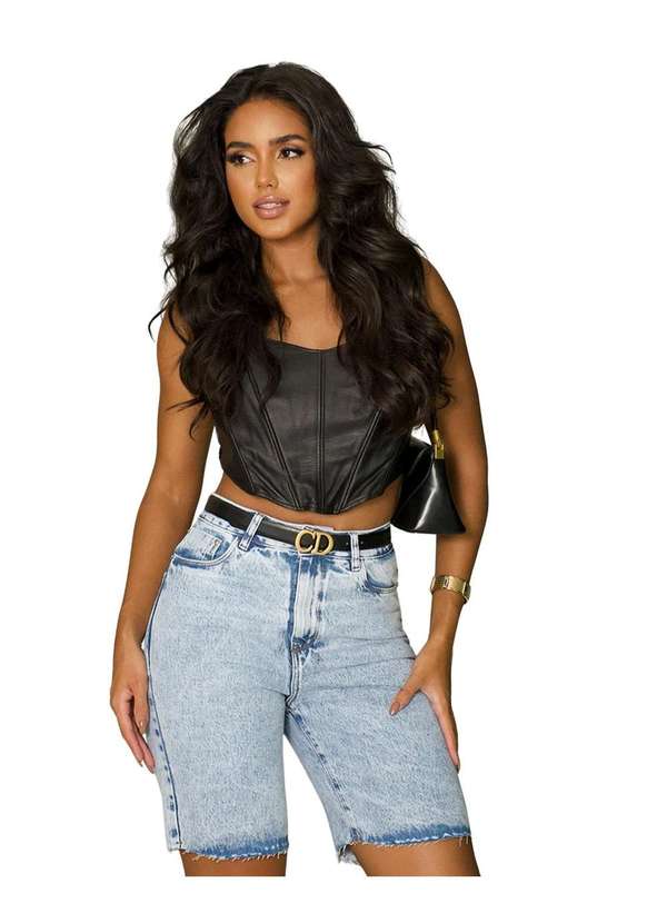 Consciência - Bermuda Jeans Jorts Feminino Meia Coxa com Barra Desfiada Azul