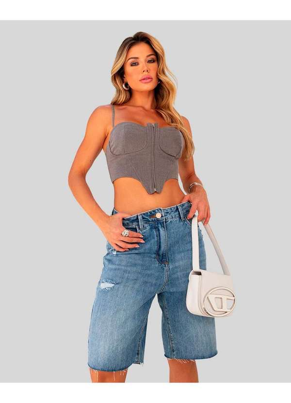 Bermuda Jeans Jorts Feminino Meia Coxa com Puidos Azul