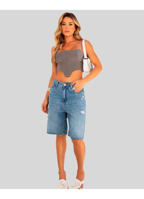 Bermuda Jeans Jorts Feminino Meia Coxa com Puidos Azul