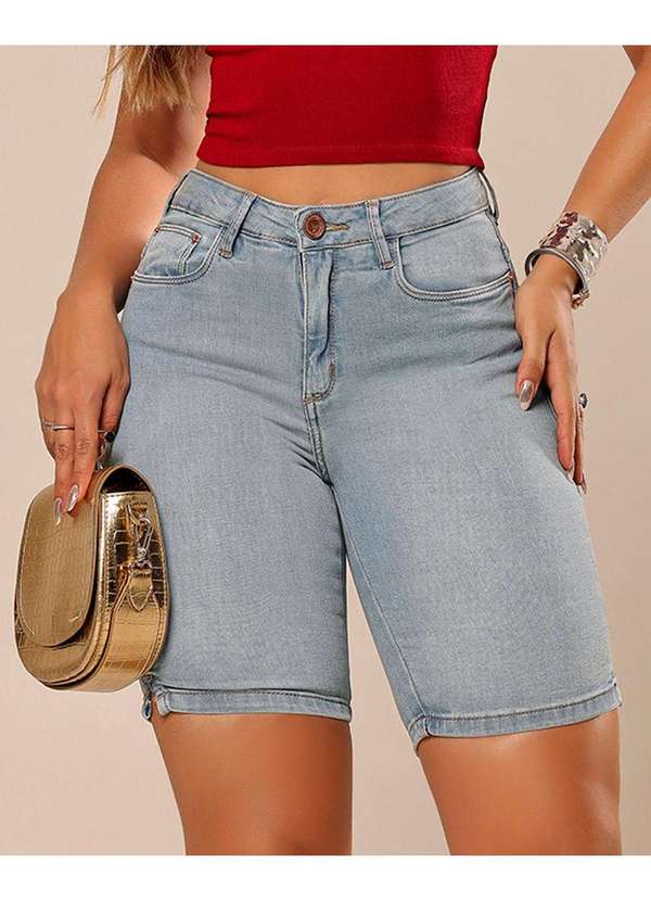 Consciência - Bermuda Jeans Meia Coxa Feminina Cintura Media Basica Azul 4