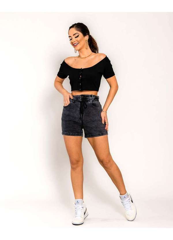 Consciência - Shorts Feminino Jeans Rope Cintura Alta com Elastano Preto