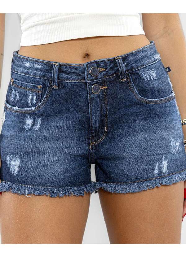 Consciência - Shorts Jeans Feminino Boyfriend com Puidos e Barra Desfiada Azul 4
