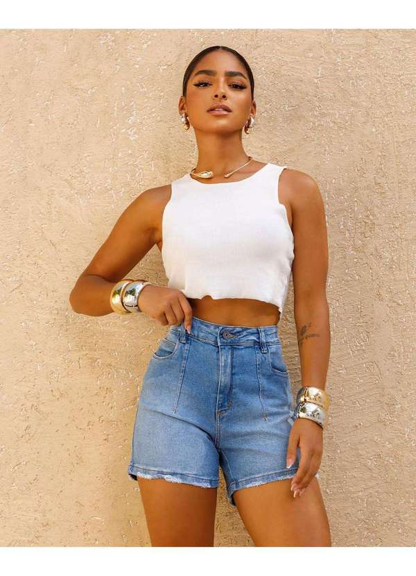 Consciência - Shorts Jeans Feminino Mom com Pence Azul