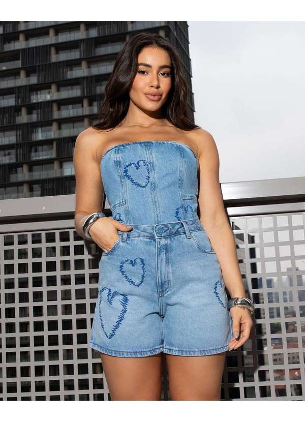 Consciência - Shorts Jeans Feminino Mom com Silk Coracao Azul