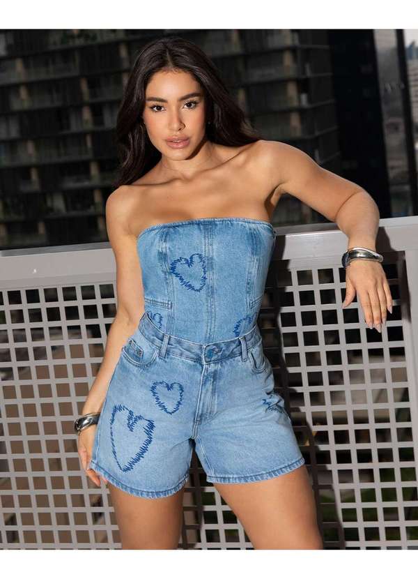 Consciência - Shorts Jeans Feminino Mom com Silk Coracao Azul 3