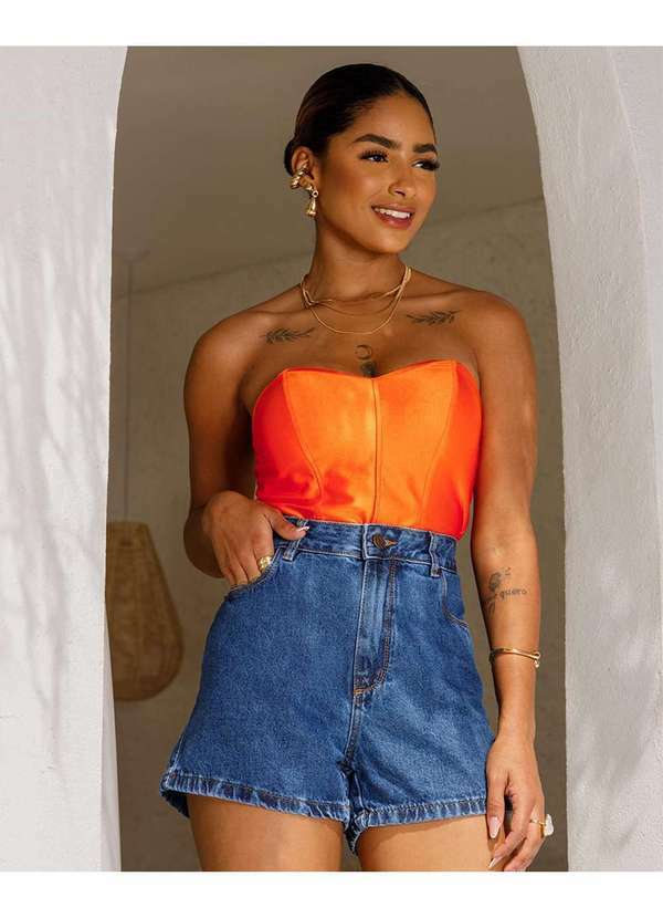Consciência - Shorts Jeans Mom Feminino Cintura Alta Basico sem Elastano Azul