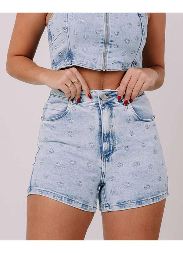 Consciência - Shorts Jeans Mom Feminino Cintura Alta Bordado Estrelas Azul 3