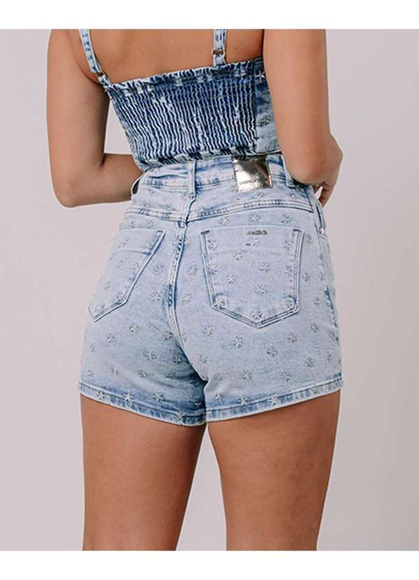 Consciência - Shorts Jeans Mom Feminino Cintura Alta Bordado Estrelas Azul 4