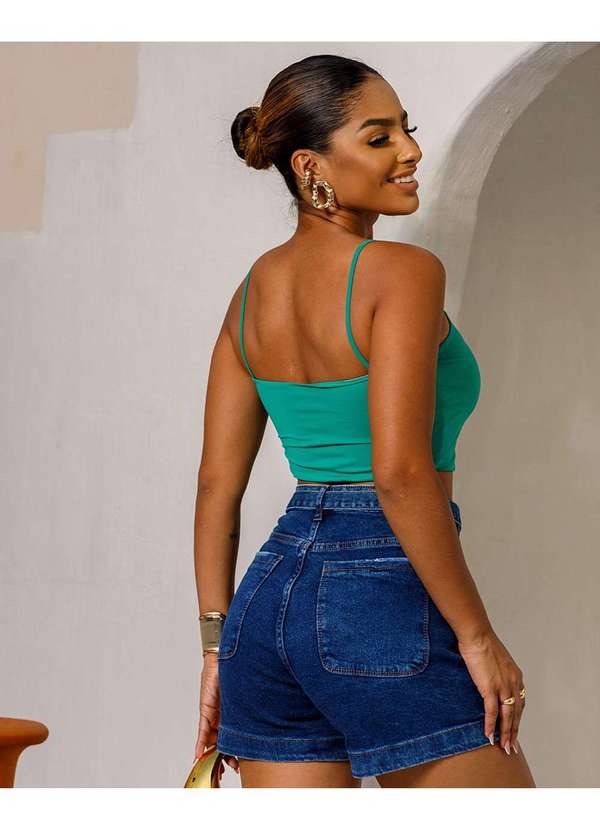 Consciência - Shorts Jeans Mom Feminino Cintura Alta com Cinto Azul 2